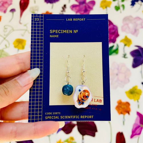 A hand holds a blue vintage-style lab report card displaying a pair of dangling earrings. The earrings include a round blueberry and a plate of stacked blueberry pancakes.