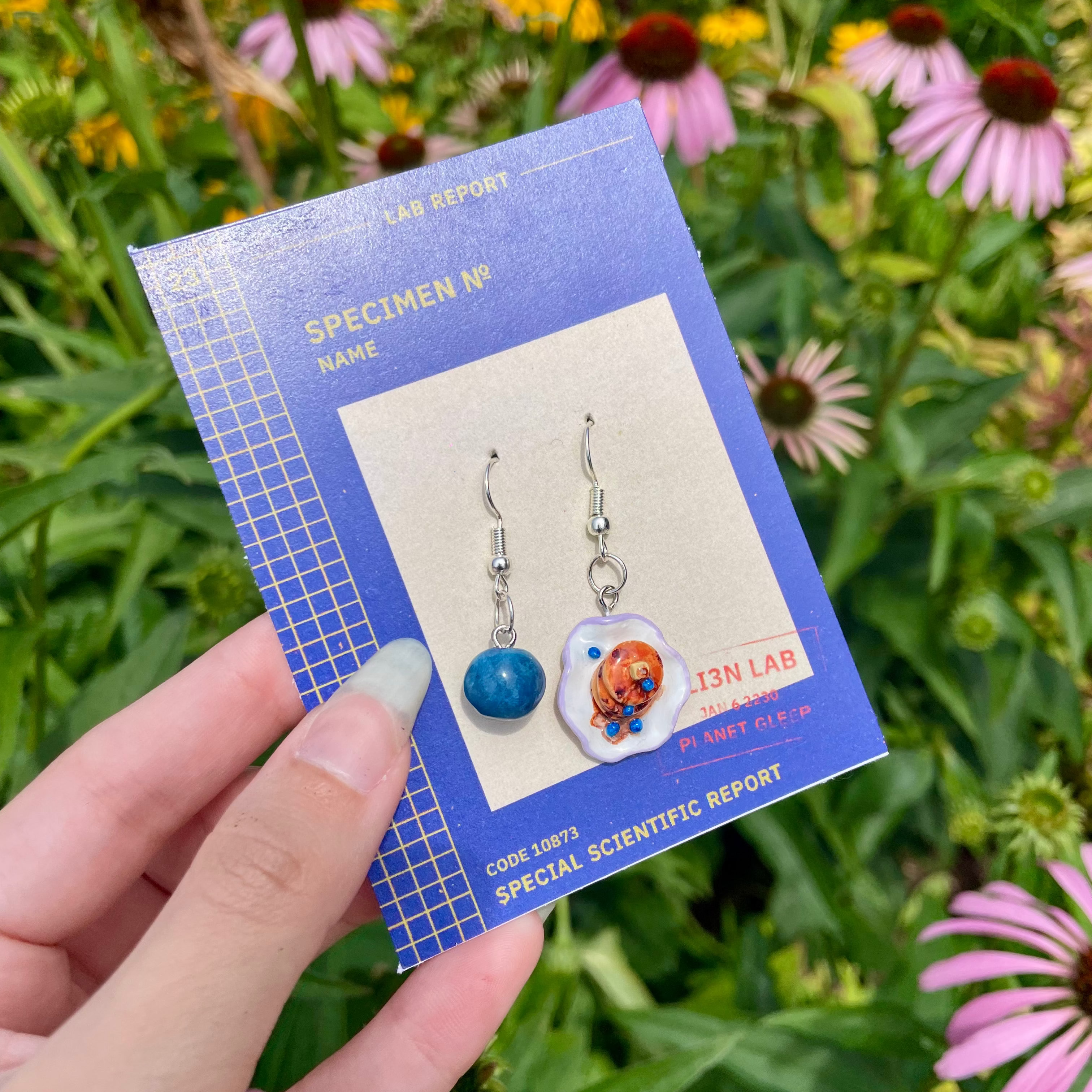 A hand holds a blue card displaying a pair of dangling earrings outdoors in front of green foliage and pink-and-white coneflowers. The earrings have silver hooks, and include a round blueberry and a plate of stacked blueberry pancakes.